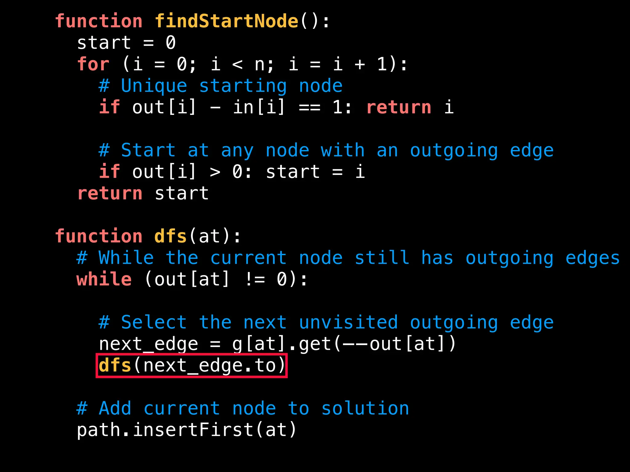 function findStartNode():
start = 0
for (i = 0; i < n; i = i + 1):
# Unique starting node
if out[i] - in[i] == 1: return i
# Start at any node with an outgoing edge
if out[i] > 0: start = i
return start
function dfs(at):
# While the current node still has outgoing edges
while (out[at] != 0):
# Select the next unvisited outgoing edge
next_edge = g[at].get(——out[at])
dfs(next_edge.to)
# Add current node to solution
path.insertFirst(at)
 