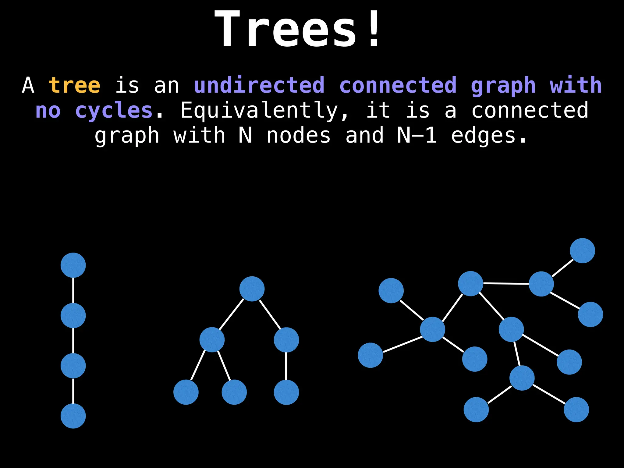 Trees!
A tree is an undirected connected graph with
no cycles. Equivalently, it is a connected
graph with N nodes and N-1 edges.
 