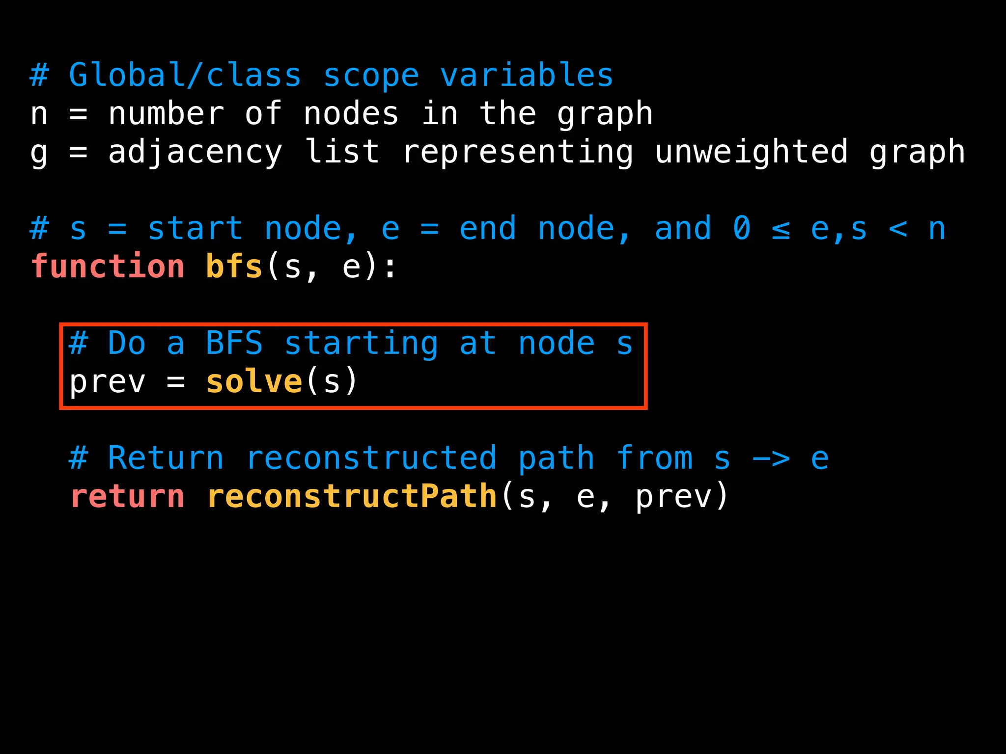 # Global/class scope variables
n = number of nodes in the graph
g = adjacency list representing unweighted graph
# s = start node, e = end node, and 0 ≤ e,s < n
function bfs(s, e):
# Do a BFS starting at node s
prev = solve(s)
# Return reconstructed path from s -> e
return reconstructPath(s, e, prev)
 