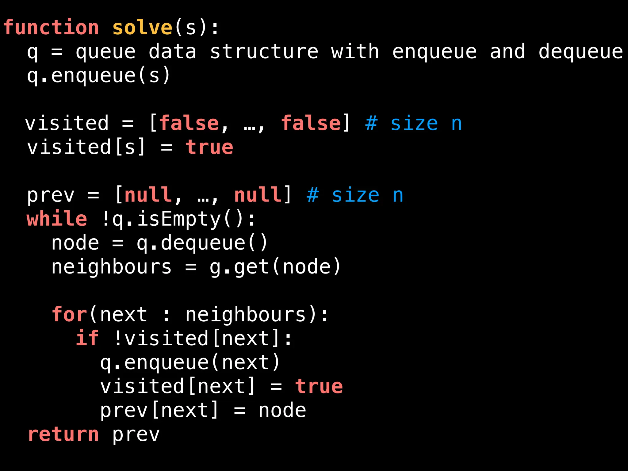 function solve(s):
q = queue data structure with enqueue and dequeue
q.enqueue(s)
visited = [false, …, false] # size n
visited[s] = true
prev = [null, …, null] # size n
while !q.isEmpty():
node = q.dequeue()
neighbours = g.get(node)
for(next : neighbours):
if !visited[next]:
q.enqueue(next)
visited[next] = true
prev[next] = node
return prev
 