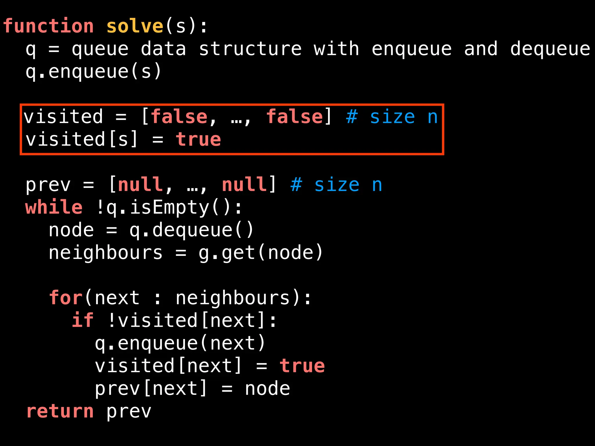 function solve(s):
q = queue data structure with enqueue and dequeue
q.enqueue(s)
visited = [false, …, false] # size n
visited[s] = true
prev = [null, …, null] # size n
while !q.isEmpty():
node = q.dequeue()
neighbours = g.get(node)
for(next : neighbours):
if !visited[next]:
q.enqueue(next)
visited[next] = true
prev[next] = node
return prev
 