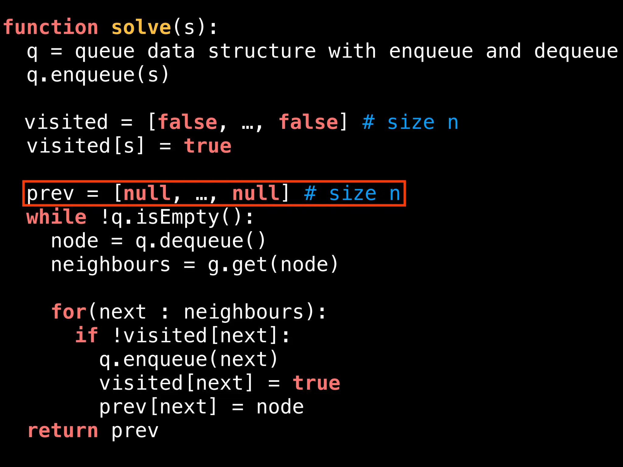 function solve(s):
q = queue data structure with enqueue and dequeue
q.enqueue(s)
visited = [false, …, false] # size n
visited[s] = true
prev = [null, …, null] # size n
while !q.isEmpty():
node = q.dequeue()
neighbours = g.get(node)
for(next : neighbours):
if !visited[next]:
q.enqueue(next)
visited[next] = true
prev[next] = node
return prev
 