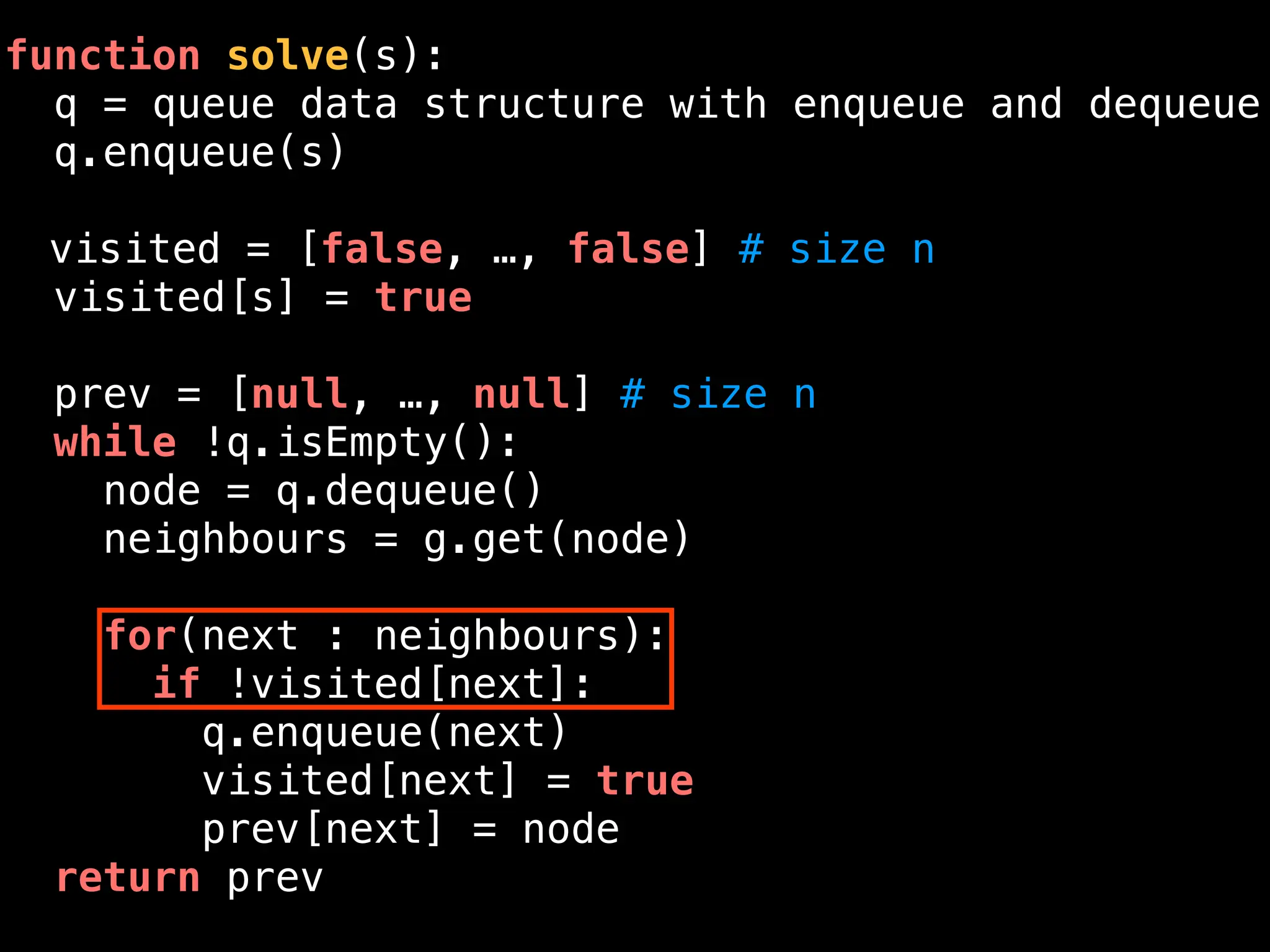 function solve(s):
q = queue data structure with enqueue and dequeue
q.enqueue(s)
visited = [false, …, false] # size n
visited[s] = true
prev = [null, …, null] # size n
while !q.isEmpty():
node = q.dequeue()
neighbours = g.get(node)
for(next : neighbours):
if !visited[next]:
q.enqueue(next)
visited[next] = true
prev[next] = node
return prev
 