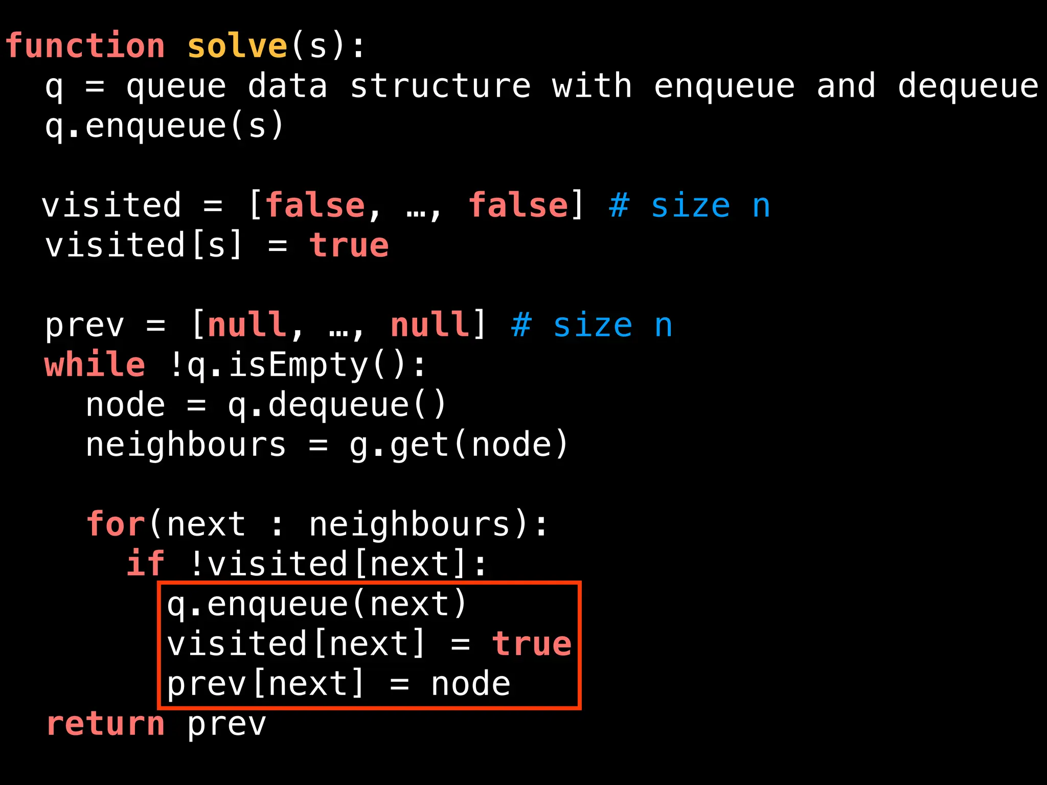 function solve(s):
q = queue data structure with enqueue and dequeue
q.enqueue(s)
visited = [false, …, false] # size n
visited[s] = true
prev = [null, …, null] # size n
while !q.isEmpty():
node = q.dequeue()
neighbours = g.get(node)
for(next : neighbours):
if !visited[next]:
q.enqueue(next)
visited[next] = true
prev[next] = node
return prev
 