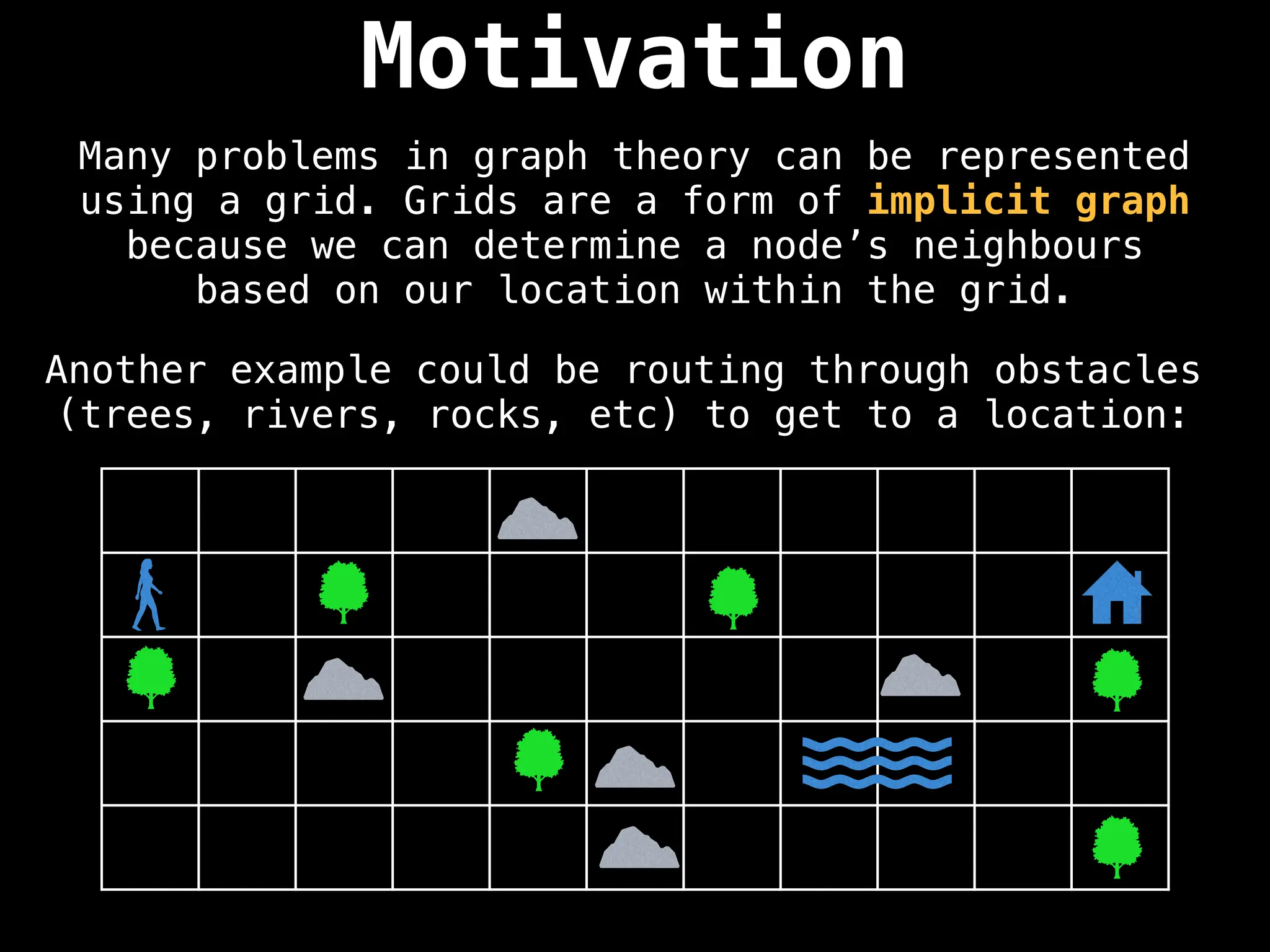Motivation
Many problems in graph theory can be represented
using a grid. Grids are a form of implicit graph
because we can determine a node’s neighbours
based on our location within the grid.
Another example could be routing through obstacles
(trees, rivers, rocks, etc) to get to a location:
 