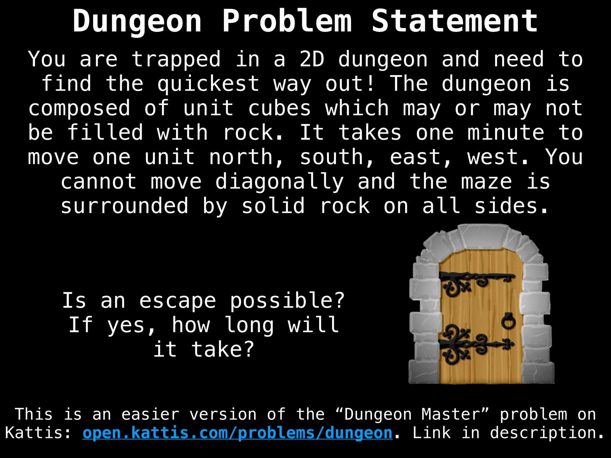 Dungeon Problem Statement
You are trapped in a 2D dungeon and need to
find the quickest way out! The dungeon is
composed of unit cubes which may or may not
be filled with rock. It takes one minute to
move one unit north, south, east, west. You
cannot move diagonally and the maze is
surrounded by solid rock on all sides.
Is an escape possible?
If yes, how long will
it take?
This is an easier version of the “Dungeon Master” problem on
Kattis: open.kattis.com/problems/dungeon. Link in description.
 