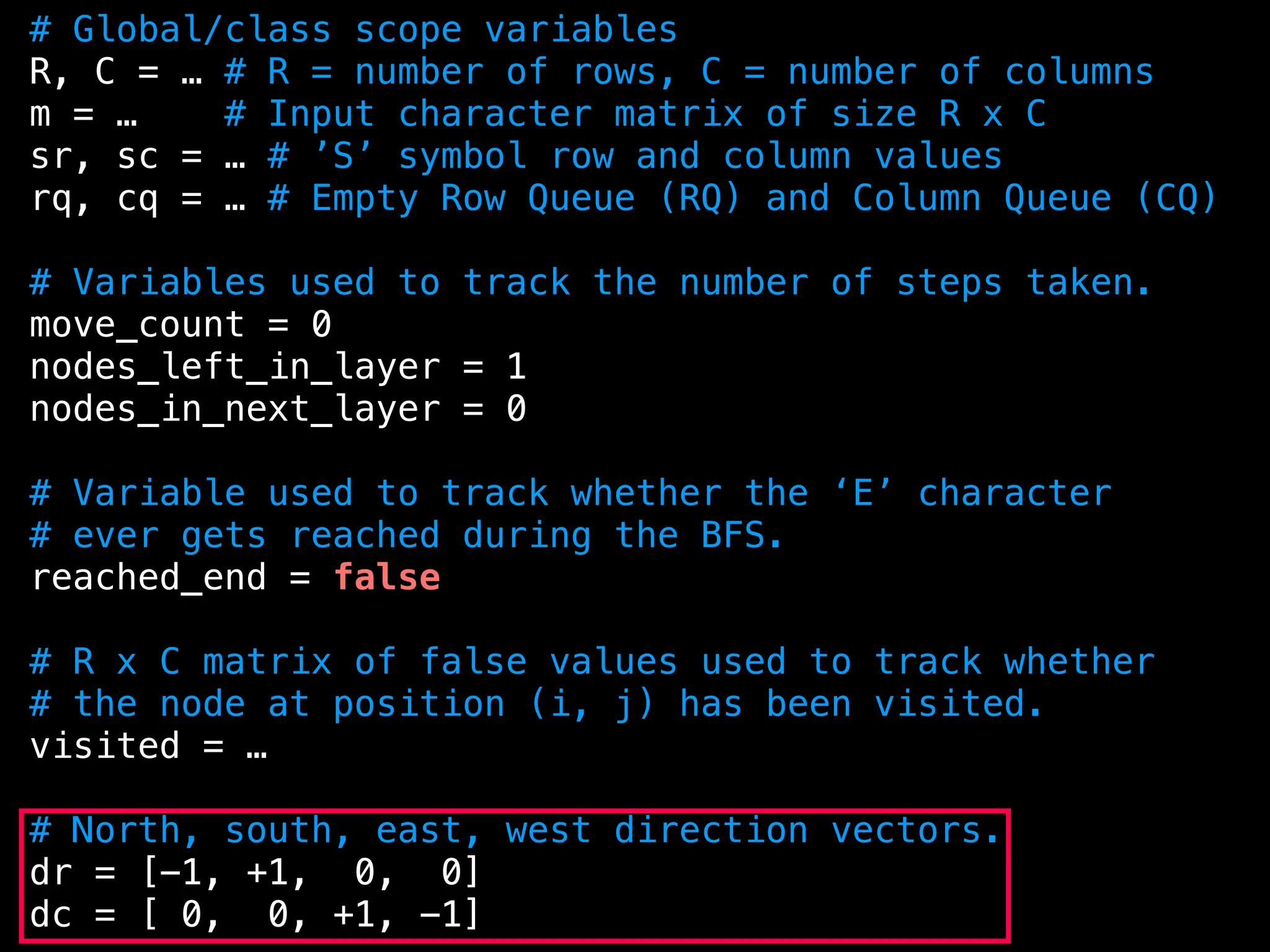 # Global/class scope variables
R, C = … # R = number of rows, C = number of columns
m = … # Input character matrix of size R x C
sr, sc = … # ’S’ symbol row and column values
rq, cq = … # Empty Row Queue (RQ) and Column Queue (CQ)
# Variables used to track the number of steps taken.
move_count = 0
nodes_left_in_layer = 1
nodes_in_next_layer = 0
# Variable used to track whether the ‘E’ character
# ever gets reached during the BFS.
reached_end = false
# R x C matrix of false values used to track whether
# the node at position (i, j) has been visited.
visited = …
# North, south, east, west direction vectors.
dr = [-1, +1, 0, 0]
dc = [ 0, 0, +1, -1]
 