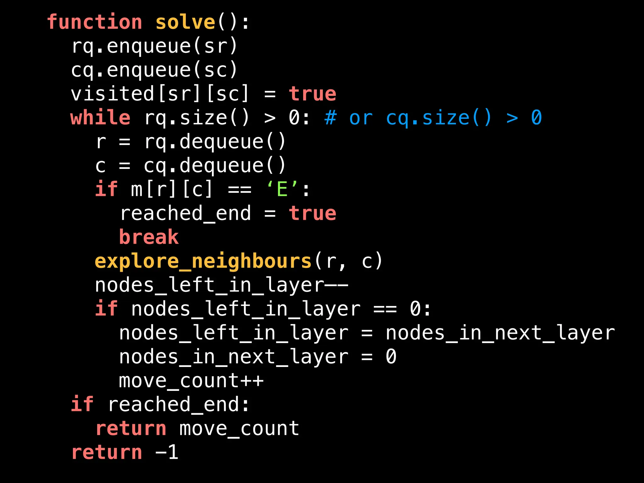 function solve():
rq.enqueue(sr)
cq.enqueue(sc)
visited[sr][sc] = true
while rq.size() > 0: # or cq.size() > 0
r = rq.dequeue()
c = cq.dequeue()
if m[r][c] == ‘E’:
reached_end = true
break
explore_neighbours(r, c)
nodes_left_in_layer—-
if nodes_left_in_layer == 0:
nodes_left_in_layer = nodes_in_next_layer
nodes_in_next_layer = 0
move_count++
if reached_end:
return move_count
return -1
 