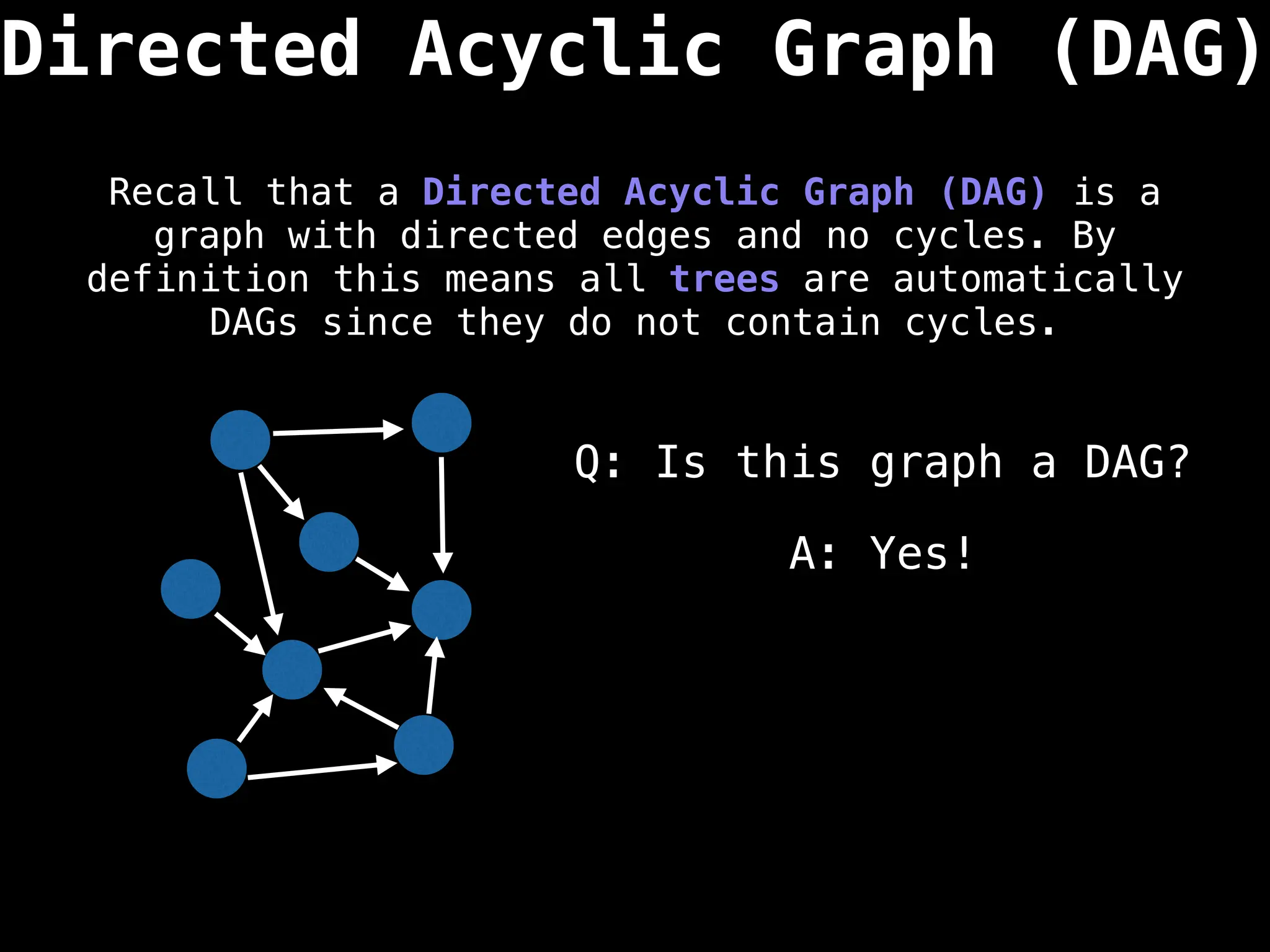 Directed Acyclic Graph (DAG)
Recall that a Directed Acyclic Graph (DAG) is a
graph with directed edges and no cycles. By
definition this means all trees are automatically
DAGs since they do not contain cycles.
Q: Is this graph a DAG?
A: Yes!
 