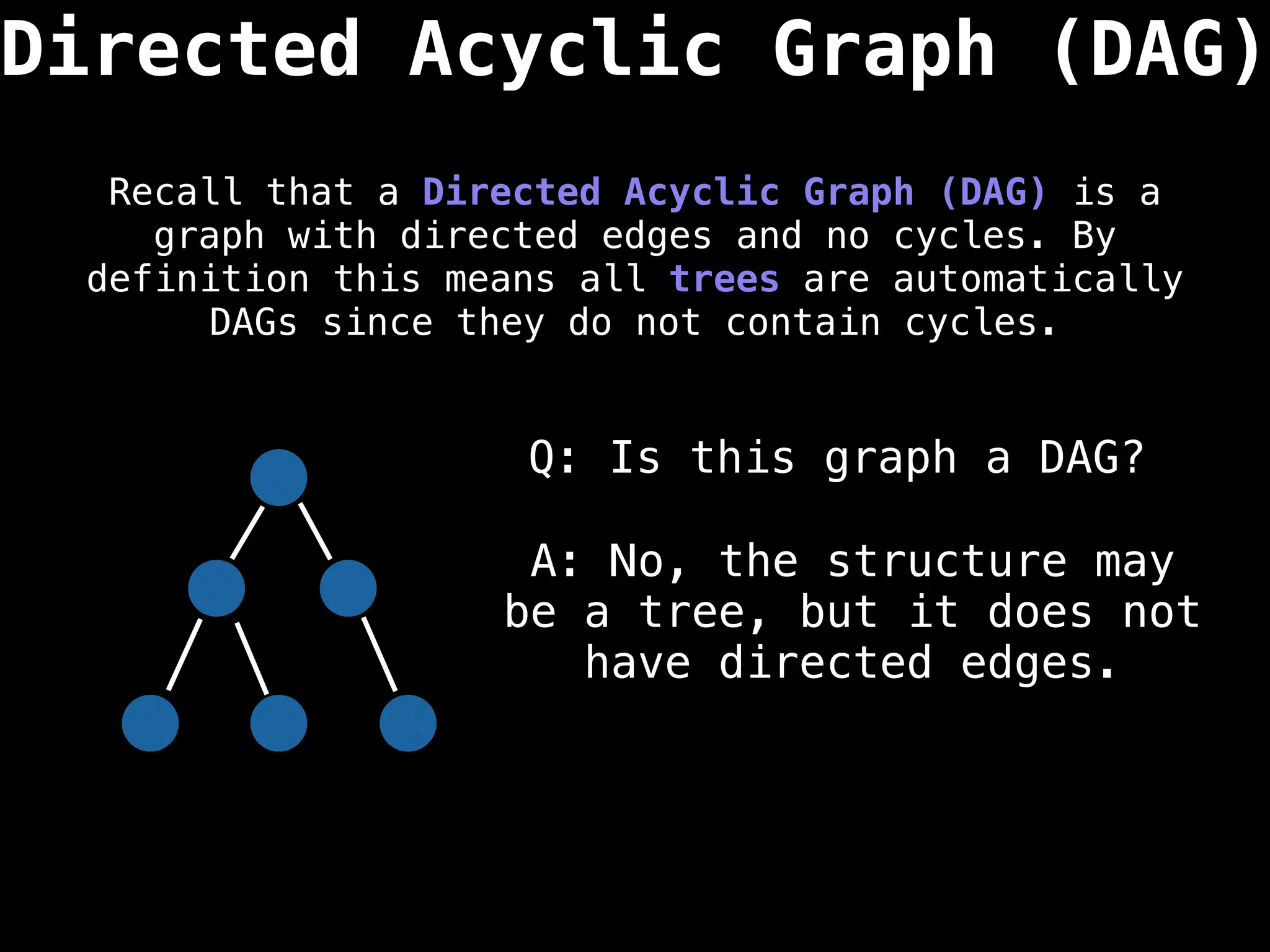 Directed Acyclic Graph (DAG)
Recall that a Directed Acyclic Graph (DAG) is a
graph with directed edges and no cycles. By
definition this means all trees are automatically
DAGs since they do not contain cycles.
Q: Is this graph a DAG?
A: No, the structure may
be a tree, but it does not
have directed edges.
 