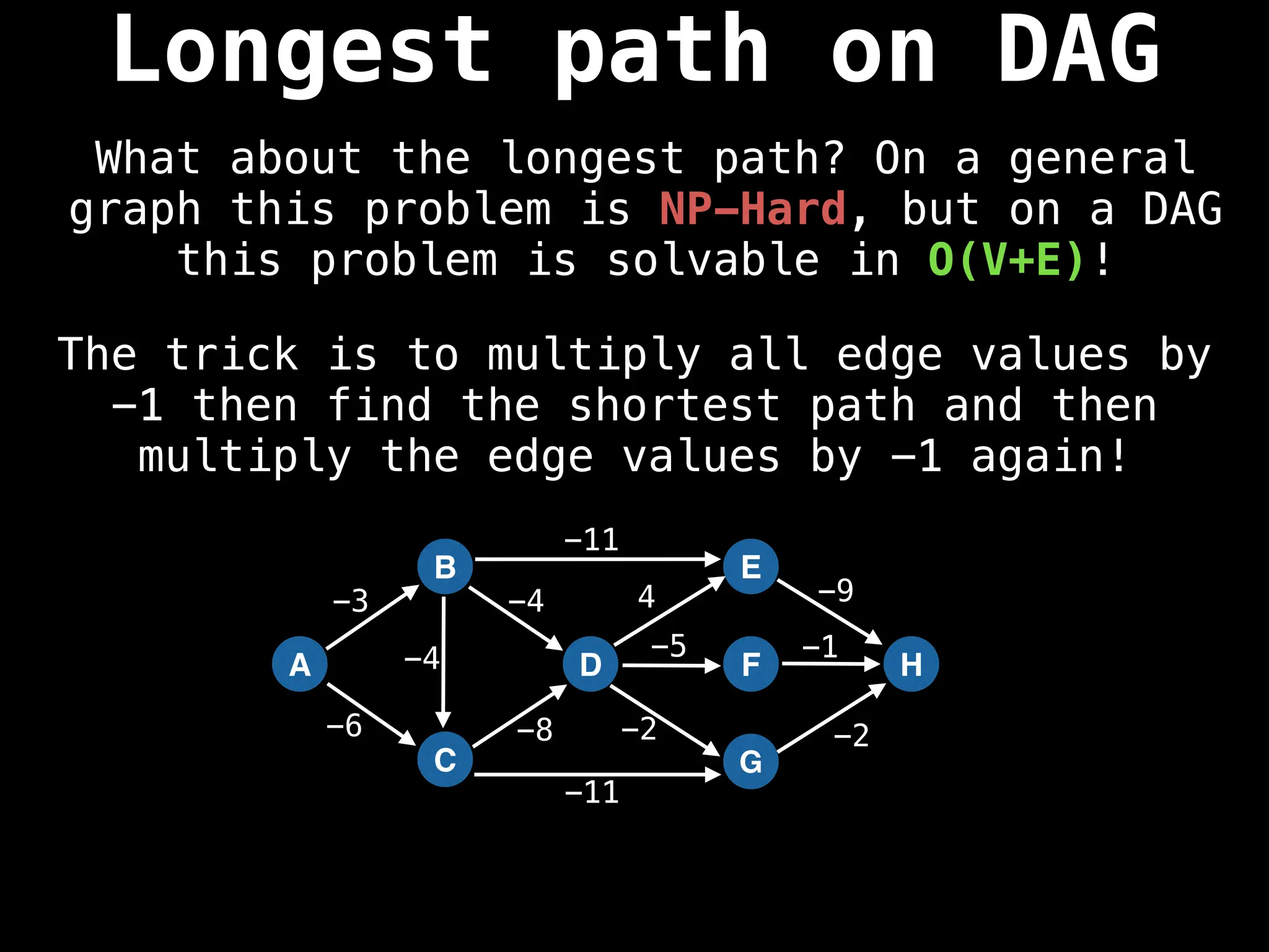 A
B
C
D
E
F
G
H
-3
-6 -8
-4 4 -9
-5 -1
-2 -2
-11
-11
-4
The trick is to multiply all edge values by
-1 then find the shortest path and then
multiply the edge values by -1 again!
Longest path on DAG
What about the longest path? On a general
graph this problem is NP-Hard, but on a DAG
this problem is solvable in O(V+E)!
 