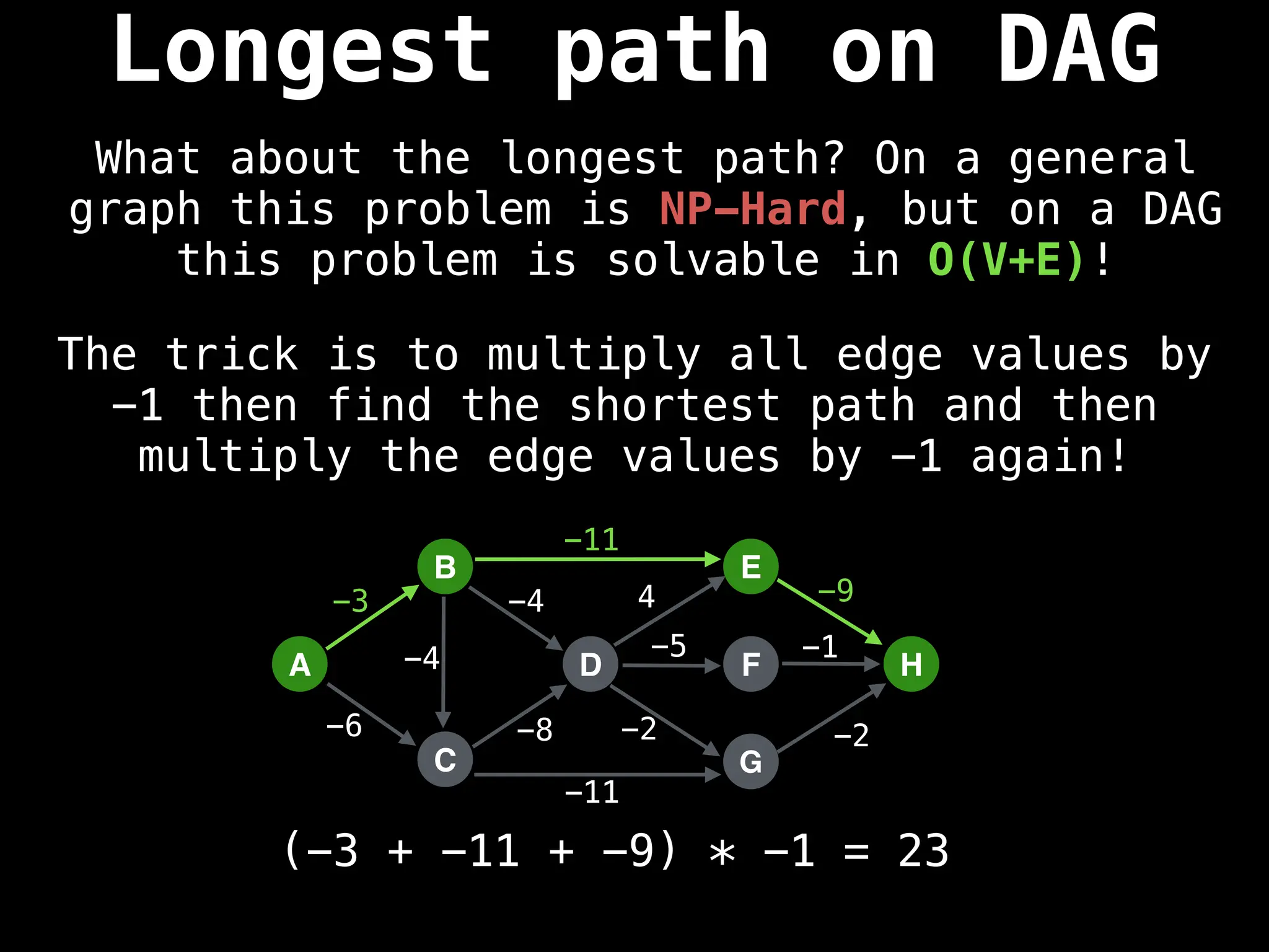 A
B
C
D
E
F
G
H
-3
-6 -8
-4 4 -9
-5 -1
-2 -2
-11
-11
-4
The trick is to multiply all edge values by
-1 then find the shortest path and then
multiply the edge values by -1 again!
(-3 + -11 + -9) * -1 = 23
Longest path on DAG
What about the longest path? On a general
graph this problem is NP-Hard, but on a DAG
this problem is solvable in O(V+E)!
 