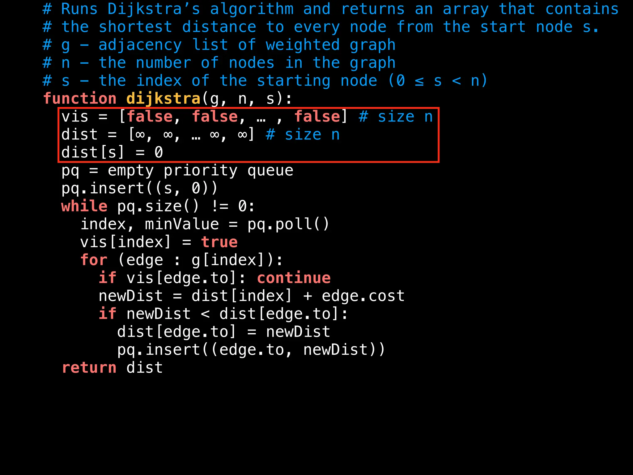 # Runs Dijkstra’s algorithm and returns an array that contains
# the shortest distance to every node from the start node s.
# g - adjacency list of weighted graph
# n - the number of nodes in the graph
# s - the index of the starting node (0 ≤ s < n)
function dijkstra(g, n, s):
vis = [false, false, … , false] # size n
dist = [∞, ∞, … ∞, ∞] # size n
dist[s] = 0
pq = empty priority queue
pq.insert((s, 0))
while pq.size() != 0:
index, minValue = pq.poll()
vis[index] = true
for (edge : g[index]):
if vis[edge.to]: continue
newDist = dist[index] + edge.cost
if newDist < dist[edge.to]:
dist[edge.to] = newDist
pq.insert((edge.to, newDist))
return dist
 
