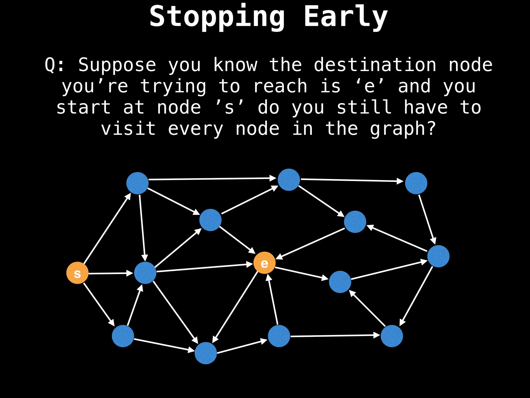 Stopping Early
Q: Suppose you know the destination node
you’re trying to reach is ‘e’ and you
start at node ’s’ do you still have to
visit every node in the graph?
s
e
 