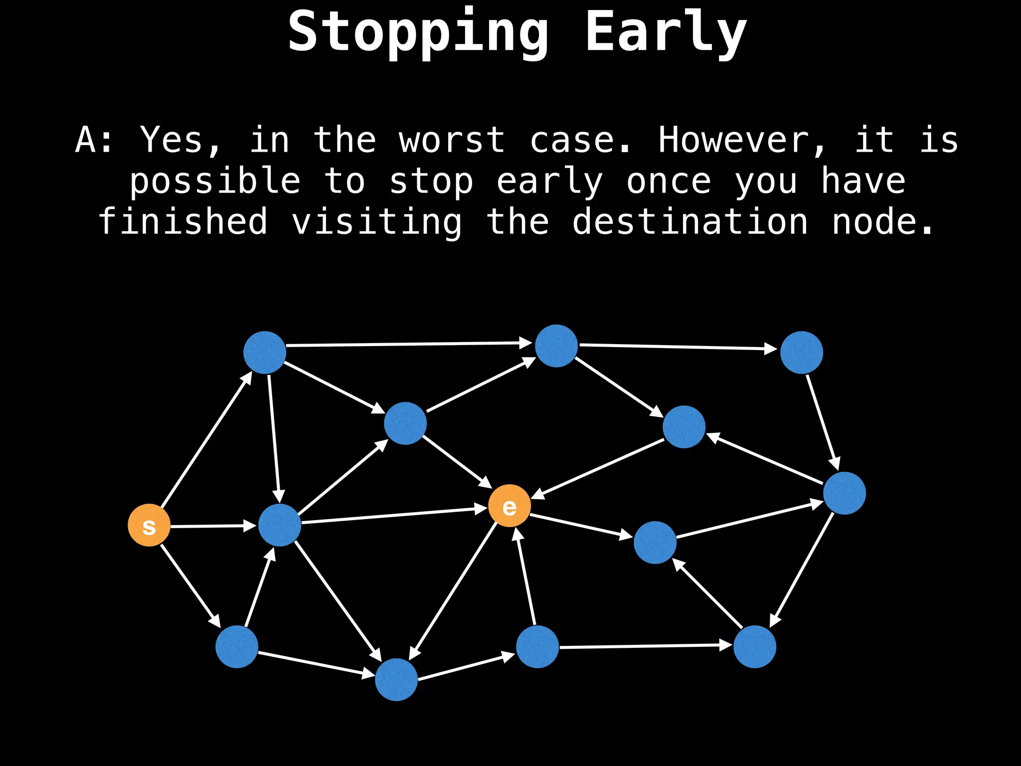 A: Yes, in the worst case. However, it is
possible to stop early once you have
finished visiting the destination node.
Stopping Early
s
e
 