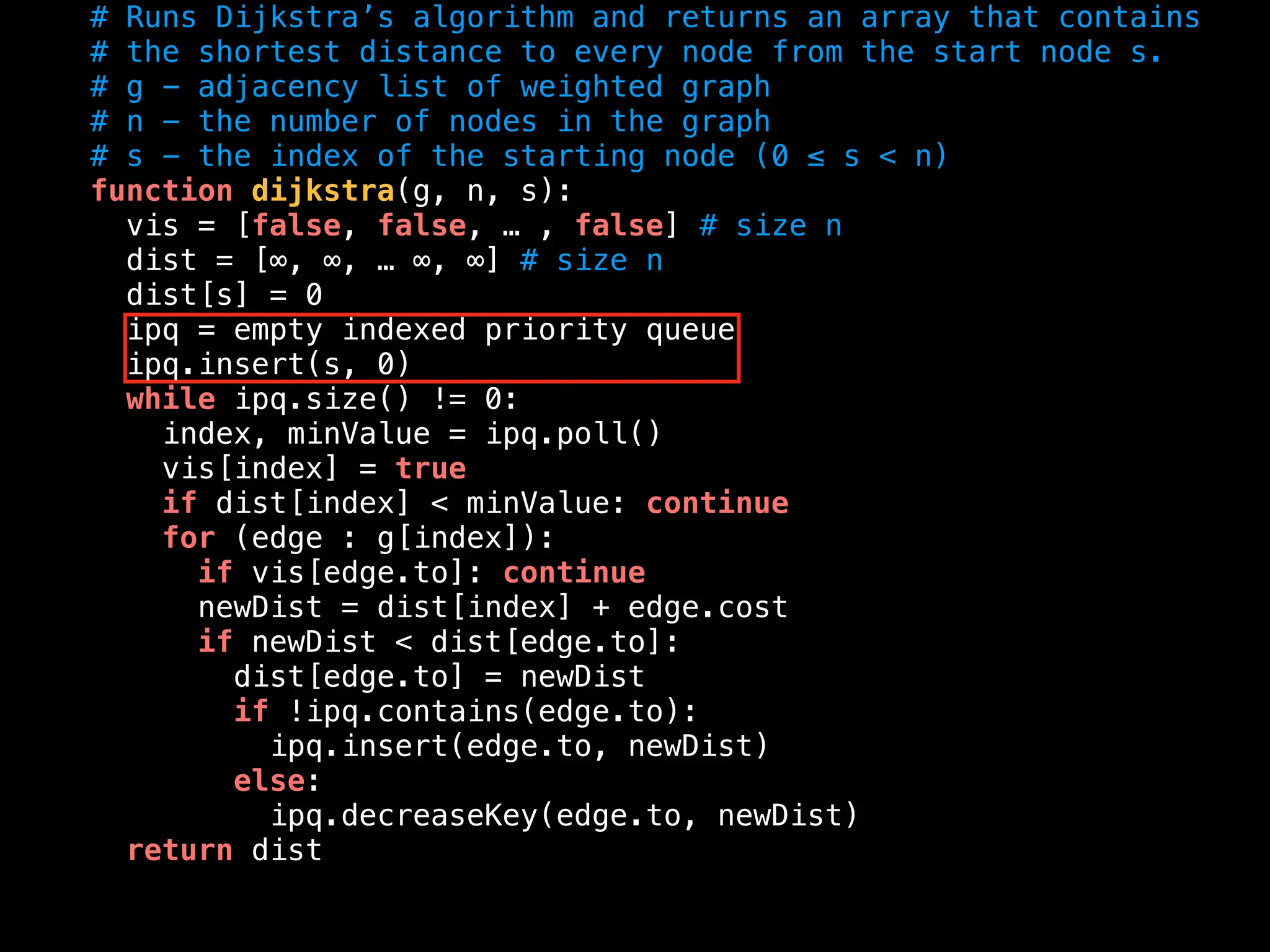 # Runs Dijkstra’s algorithm and returns an array that contains
# the shortest distance to every node from the start node s.
# g - adjacency list of weighted graph
# n - the number of nodes in the graph
# s - the index of the starting node (0 ≤ s < n)
function dijkstra(g, n, s):
vis = [false, false, … , false] # size n
dist = [∞, ∞, … ∞, ∞] # size n
dist[s] = 0
ipq = empty indexed priority queue
ipq.insert(s, 0)
while ipq.size() != 0:
index, minValue = ipq.poll()
vis[index] = true
if dist[index] < minValue: continue
for (edge : g[index]):
if vis[edge.to]: continue
newDist = dist[index] + edge.cost
if newDist < dist[edge.to]:
dist[edge.to] = newDist
if !ipq.contains(edge.to):
ipq.insert(edge.to, newDist)
else:
ipq.decreaseKey(edge.to, newDist)
return dist
 