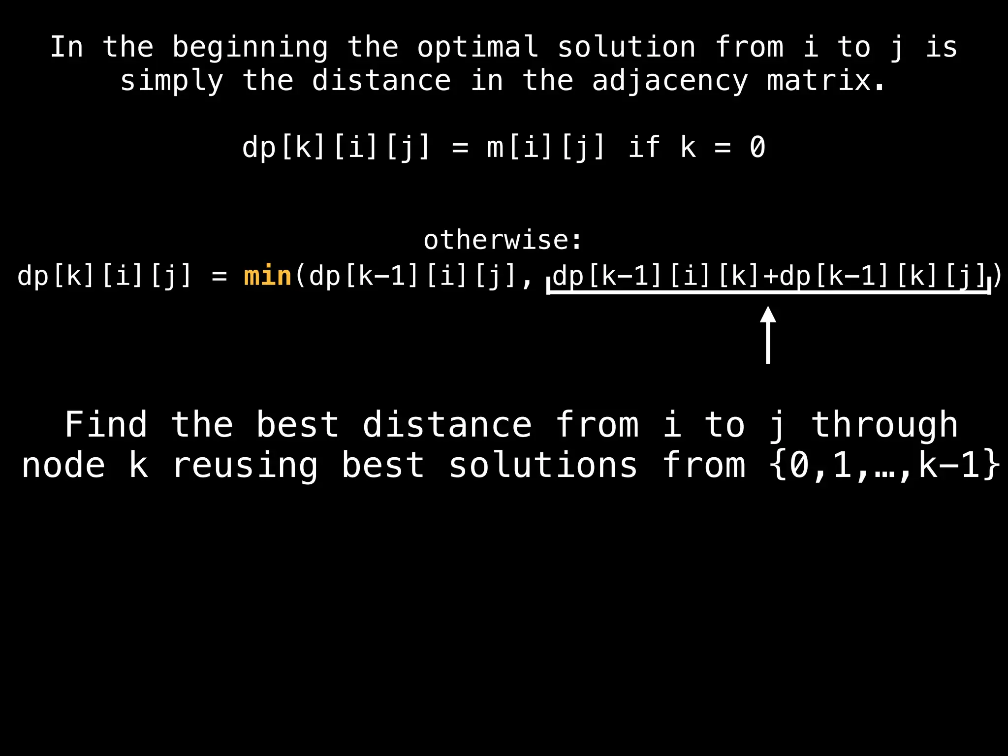 dp[k][i][j] = min(dp[k-1][i][j], dp[k-1][i][k]+dp[k-1][k][j])
Find the best distance from i to j through
node k reusing best solutions from {0,1,…,k-1}
In the beginning the optimal solution from i to j is
simply the distance in the adjacency matrix.
dp[k][i][j] = m[i][j] if k = 0
otherwise:
 