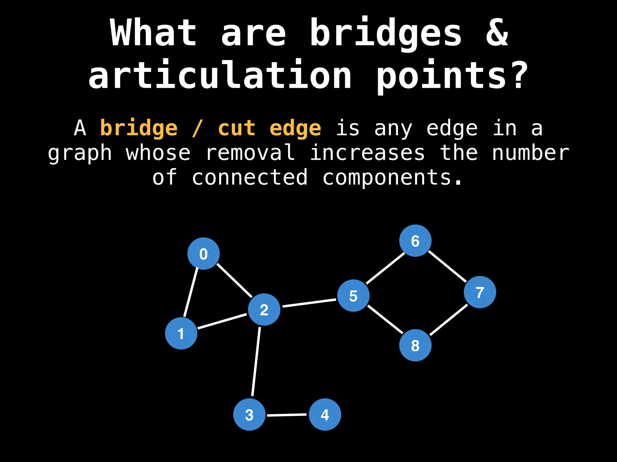 What are bridges &
articulation points?
A bridge / cut edge is any edge in a
graph whose removal increases the number
of connected components.
0
1
2
5
3
6
4
8
7
 