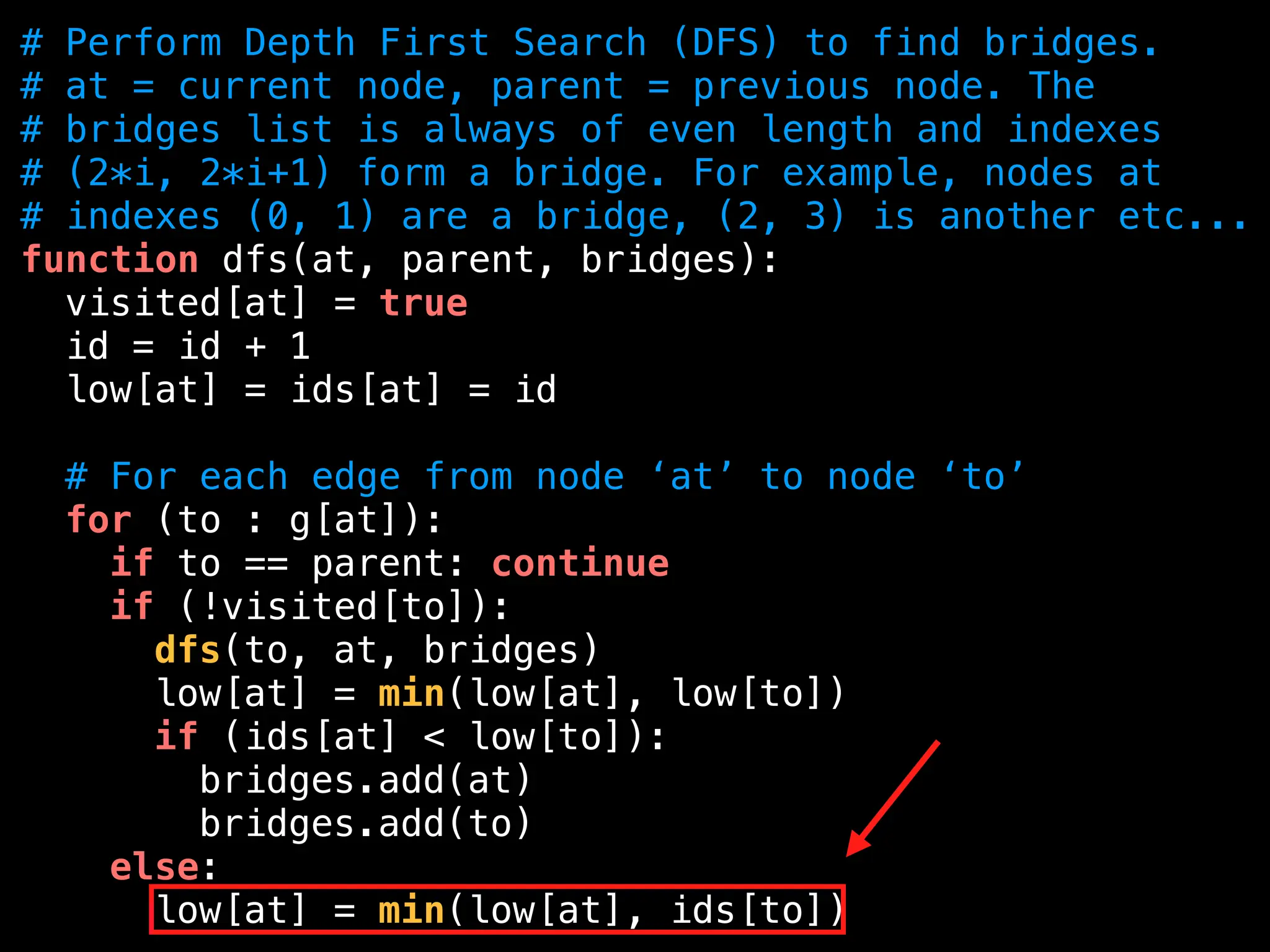 # Perform Depth First Search (DFS) to find bridges.
# at = current node, parent = previous node. The
# bridges list is always of even length and indexes
# (2*i, 2*i+1) form a bridge. For example, nodes at
# indexes (0, 1) are a bridge, (2, 3) is another etc...
function dfs(at, parent, bridges):
visited[at] = true
id = id + 1
low[at] = ids[at] = id
# For each edge from node ‘at’ to node ‘to’
for (to : g[at]):
if to == parent: continue
if (!visited[to]):
dfs(to, at, bridges)
low[at] = min(low[at], low[to])
if (ids[at] < low[to]):
bridges.add(at)
bridges.add(to)
else:
low[at] = min(low[at], ids[to])
 