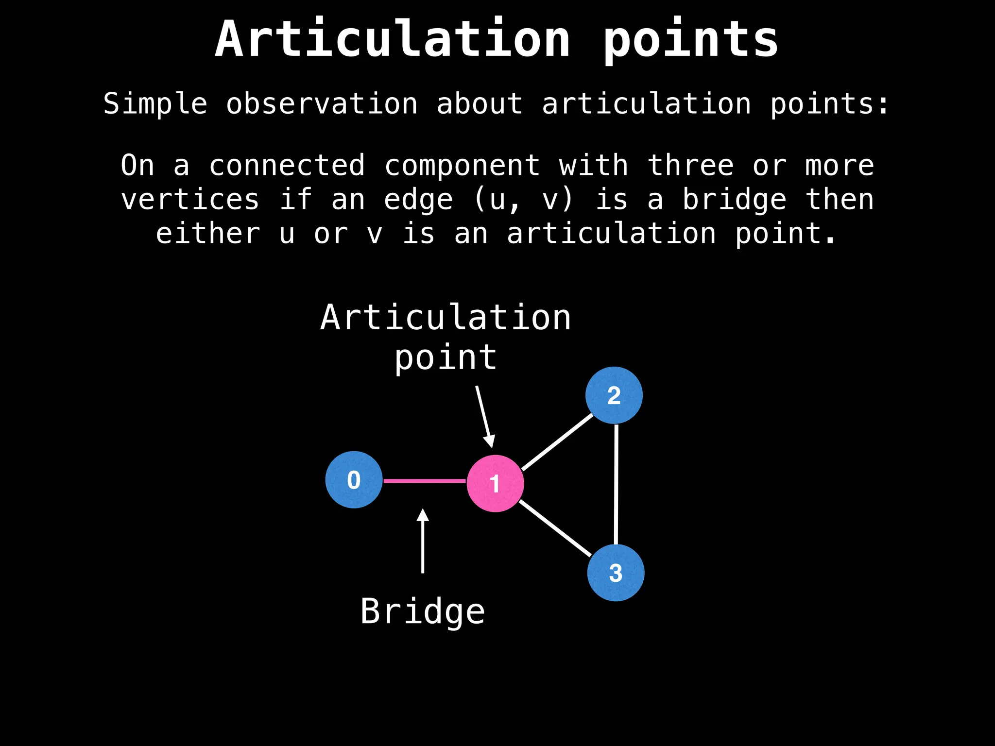 Articulation points
Simple observation about articulation points:
On a connected component with three or more
vertices if an edge (u, v) is a bridge then
either u or v is an articulation point.
0 1
2
3
Bridge
Articulation
point
 