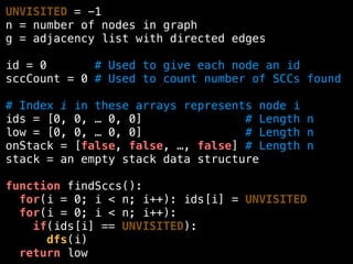 UNVISITED = -1
n = number of nodes in graph
g = adjacency list with directed edges
id = 0 # Used to give each node an id
sccCount = 0 # Used to count number of SCCs found
# Index i in these arrays represents node i
ids = [0, 0, … 0, 0] # Length n
low = [0, 0, … 0, 0] # Length n
onStack = [false, false, …, false] # Length n
stack = an empty stack data structure
function findSccs():
for(i = 0; i < n; i++): ids[i] = UNVISITED
for(i = 0; i < n; i++):
if(ids[i] == UNVISITED):
dfs(i)
return low
 