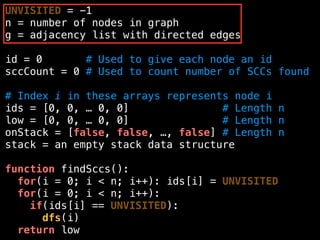 UNVISITED = -1
n = number of nodes in graph
g = adjacency list with directed edges
id = 0 # Used to give each node an id
sccCount = 0 # Used to count number of SCCs found
# Index i in these arrays represents node i
ids = [0, 0, … 0, 0] # Length n
low = [0, 0, … 0, 0] # Length n
onStack = [false, false, …, false] # Length n
stack = an empty stack data structure
function findSccs():
for(i = 0; i < n; i++): ids[i] = UNVISITED
for(i = 0; i < n; i++):
if(ids[i] == UNVISITED):
dfs(i)
return low
 
