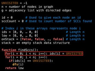 UNVISITED = -1
n = number of nodes in graph
g = adjacency list with directed edges
id = 0 # Used to give each node an id
sccCount = 0 # Used to count number of SCCs found
# Index i in these arrays represents node i
ids = [0, 0, … 0, 0] # Length n
low = [0, 0, … 0, 0] # Length n
onStack = [false, false, …, false] # Length n
stack = an empty stack data structure
function findSccs():
for(i = 0; i < n; i++): ids[i] = UNVISITED
for(i = 0; i < n; i++):
if(ids[i] == UNVISITED):
dfs(i)
return low
 