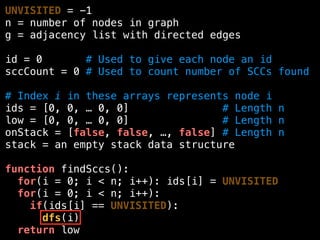 UNVISITED = -1
n = number of nodes in graph
g = adjacency list with directed edges
id = 0 # Used to give each node an id
sccCount = 0 # Used to count number of SCCs found
# Index i in these arrays represents node i
ids = [0, 0, … 0, 0] # Length n
low = [0, 0, … 0, 0] # Length n
onStack = [false, false, …, false] # Length n
stack = an empty stack data structure
function findSccs():
for(i = 0; i < n; i++): ids[i] = UNVISITED
for(i = 0; i < n; i++):
if(ids[i] == UNVISITED):
dfs(i)
return low
 