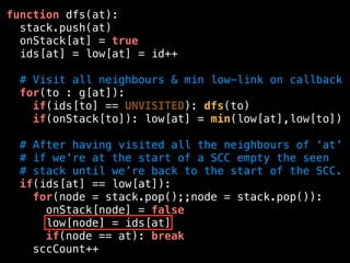 function dfs(at):
stack.push(at)
onStack[at] = true
ids[at] = low[at] = id++
# Visit all neighbours & min low-link on callback
for(to : g[at]):
if(ids[to] == UNVISITED): dfs(to)
if(onStack[to]): low[at] = min(low[at],low[to])
# After having visited all the neighbours of ‘at’
# if we're at the start of a SCC empty the seen
# stack until we’re back to the start of the SCC.
if(ids[at] == low[at]):
for(node = stack.pop();;node = stack.pop()):
onStack[node] = false
low[node] = ids[at]
if(node == at): break
sccCount++
 