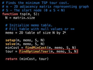 # Finds the minimum TSP tour cost.
# m - 2D adjacency matrix representing graph
# S - The start node (0 ≤ S < N)
function tsp(m, S):
N = matrix.size
# Initialize memo table.
# Fill table with null values or +∞
memo = 2D table of size N by 2N
setup(m, memo, S, N)
solve(m, memo, S, N)
minCost = findMinCost(m, memo, S, N)
tour = findOptimalTour(m, memo, S, N)
return (minCost, tour)
 