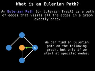 S
An Eulerian Path (or Eulerian Trail) is a path
of edges that visits all the edges in a graph
exactly once.
What is an Eulerian Path?
We can find an Eulerian
path on the following
graph, but only if we
start at specific nodes.
 