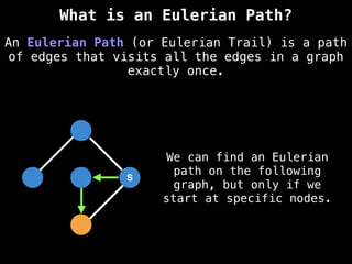 S
S
An Eulerian Path (or Eulerian Trail) is a path
of edges that visits all the edges in a graph
exactly once.
What is an Eulerian Path?
We can find an Eulerian
path on the following
graph, but only if we
start at specific nodes.
 