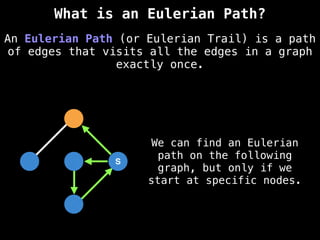S
S
An Eulerian Path (or Eulerian Trail) is a path
of edges that visits all the edges in a graph
exactly once.
What is an Eulerian Path?
We can find an Eulerian
path on the following
graph, but only if we
start at specific nodes.
 