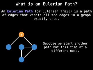 S
Suppose we start another
path but this time at a
different node.
An Eulerian Path (or Eulerian Trail) is a path
of edges that visits all the edges in a graph
exactly once.
What is an Eulerian Path?
 