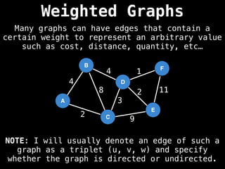 Weighted Graphs
Many graphs can have edges that contain a
certain weight to represent an arbitrary value
such as cost, distance, quantity, etc…
B
A
C
D
E
F
4
4
8
2
3
1
11
2
9
NOTE: I will usually denote an edge of such a
graph as a triplet (u, v, w) and specify
whether the graph is directed or undirected.
 