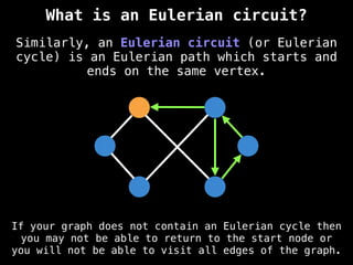 Similarly, an Eulerian circuit (or Eulerian
cycle) is an Eulerian path which starts and
ends on the same vertex.
What is an Eulerian circuit?
If your graph does not contain an Eulerian cycle then
you may not be able to return to the start node or
you will not be able to visit all edges of the graph.
 
