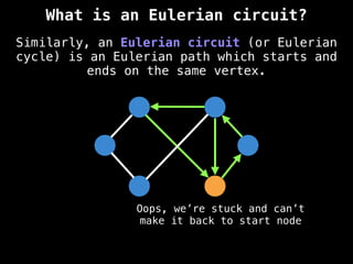 Similarly, an Eulerian circuit (or Eulerian
cycle) is an Eulerian path which starts and
ends on the same vertex.
Oops, we’re stuck and can’t
make it back to start node
What is an Eulerian circuit?
 