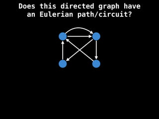 Does this directed graph have
an Eulerian path/circuit?
 
