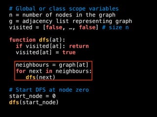# Global or class scope variables
n = number of nodes in the graph
g = adjacency list representing graph
visited = [false, …, false] # size n
function dfs(at):
if visited[at]: return
visited[at] = true
neighbours = graph[at]
for next in neighbours:
dfs(next)
# Start DFS at node zero
start_node = 0
dfs(start_node)
 