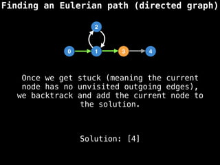 Finding an Eulerian path (directed graph)
0 1 3 4
2
Solution: [4]
Once we get stuck (meaning the current
node has no unvisited outgoing edges),
we backtrack and add the current node to
the solution.
 