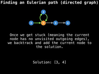 Finding an Eulerian path (directed graph)
0 1 3 4
2
Solution: [3, 4]
Once we get stuck (meaning the current
node has no unvisited outgoing edges),
we backtrack and add the current node to
the solution.
 