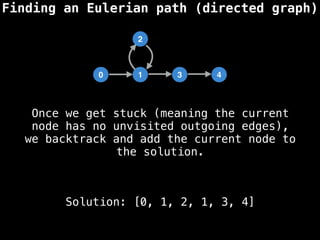 Finding an Eulerian path (directed graph)
0 1 3 4
2
Solution: [0, 1, 2, 1, 3, 4]
Once we get stuck (meaning the current
node has no unvisited outgoing edges),
we backtrack and add the current node to
the solution.
 