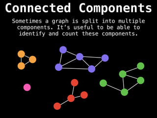 Connected Components
Sometimes a graph is split into multiple
components. It’s useful to be able to
identify and count these components.
 