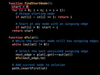 function findStartNode():
start = 0
for (i = 0; i < n; i = i + 1):
# Unique starting node
if out[i] - in[i] == 1: return i
# Start at any node with an outgoing edge
if out[i] > 0: start = i
return start
function dfs(at):
# While the current node still has outgoing edges
while (out[at] != 0):
# Select the next unvisited outgoing edge
next_edge = g[at].get(——out[at])
dfs(next_edge.to)
# Add current node to solution
path.insertFirst(at)
 