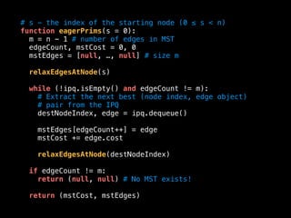 # s - the index of the starting node (0 ≤ s < n)
function eagerPrims(s = 0):
m = n - 1 # number of edges in MST
edgeCount, mstCost = 0, 0
mstEdges = [null, …, null] # size m
relaxEdgesAtNode(s)
while (!ipq.isEmpty() and edgeCount != m):
# Extract the next best (node index, edge object)
# pair from the IPQ
destNodeIndex, edge = ipq.dequeue()
mstEdges[edgeCount++] = edge
mstCost += edge.cost
relaxEdgesAtNode(destNodeIndex)
if edgeCount != m:
return (null, null) # No MST exists!
return (mstCost, mstEdges)
 
