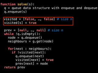 function solve(s):
q = queue data structure with enqueue and dequeue
q.enqueue(s)
visited = [false, …, false] # size n
visited[s] = true
prev = [null, …, null] # size n
while !q.isEmpty():
node = q.dequeue()
neighbours = g.get(node)
for(next : neighbours):
if !visited[next]:
q.enqueue(next)
visited[next] = true
prev[next] = node
return prev
 