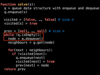 function solve(s):
q = queue data structure with enqueue and dequeue
q.enqueue(s)
visited = [false, …, false] # size n
visited[s] = true
prev = [null, …, null] # size n
while !q.isEmpty():
node = q.dequeue()
neighbours = g.get(node)
for(next : neighbours):
if !visited[next]:
q.enqueue(next)
visited[next] = true
prev[next] = node
return prev
 