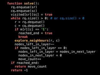 function solve():
rq.enqueue(sr)
cq.enqueue(sc)
visited[sr][sc] = true
while rq.size() > 0: # or cq.size() > 0
r = rq.dequeue()
c = cq.dequeue()
if m[r][c] == ‘E’:
reached_end = true
break
explore_neighbours(r, c)
nodes_left_in_layer—-
if nodes_left_in_layer == 0:
nodes_left_in_layer = nodes_in_next_layer
nodes_in_next_layer = 0
move_count++
if reached_end:
return move_count
return -1
 