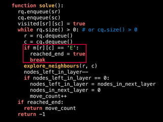 function solve():
rq.enqueue(sr)
cq.enqueue(sc)
visited[sr][sc] = true
while rq.size() > 0: # or cq.size() > 0
r = rq.dequeue()
c = cq.dequeue()
if m[r][c] == ‘E’:
reached_end = true
break
explore_neighbours(r, c)
nodes_left_in_layer—-
if nodes_left_in_layer == 0:
nodes_left_in_layer = nodes_in_next_layer
nodes_in_next_layer = 0
move_count++
if reached_end:
return move_count
return -1
 