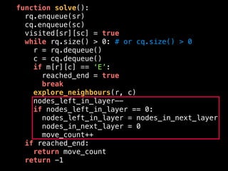 function solve():
rq.enqueue(sr)
cq.enqueue(sc)
visited[sr][sc] = true
while rq.size() > 0: # or cq.size() > 0
r = rq.dequeue()
c = cq.dequeue()
if m[r][c] == ‘E’:
reached_end = true
break
explore_neighbours(r, c)
nodes_left_in_layer—-
if nodes_left_in_layer == 0:
nodes_left_in_layer = nodes_in_next_layer
nodes_in_next_layer = 0
move_count++
if reached_end:
return move_count
return -1
 